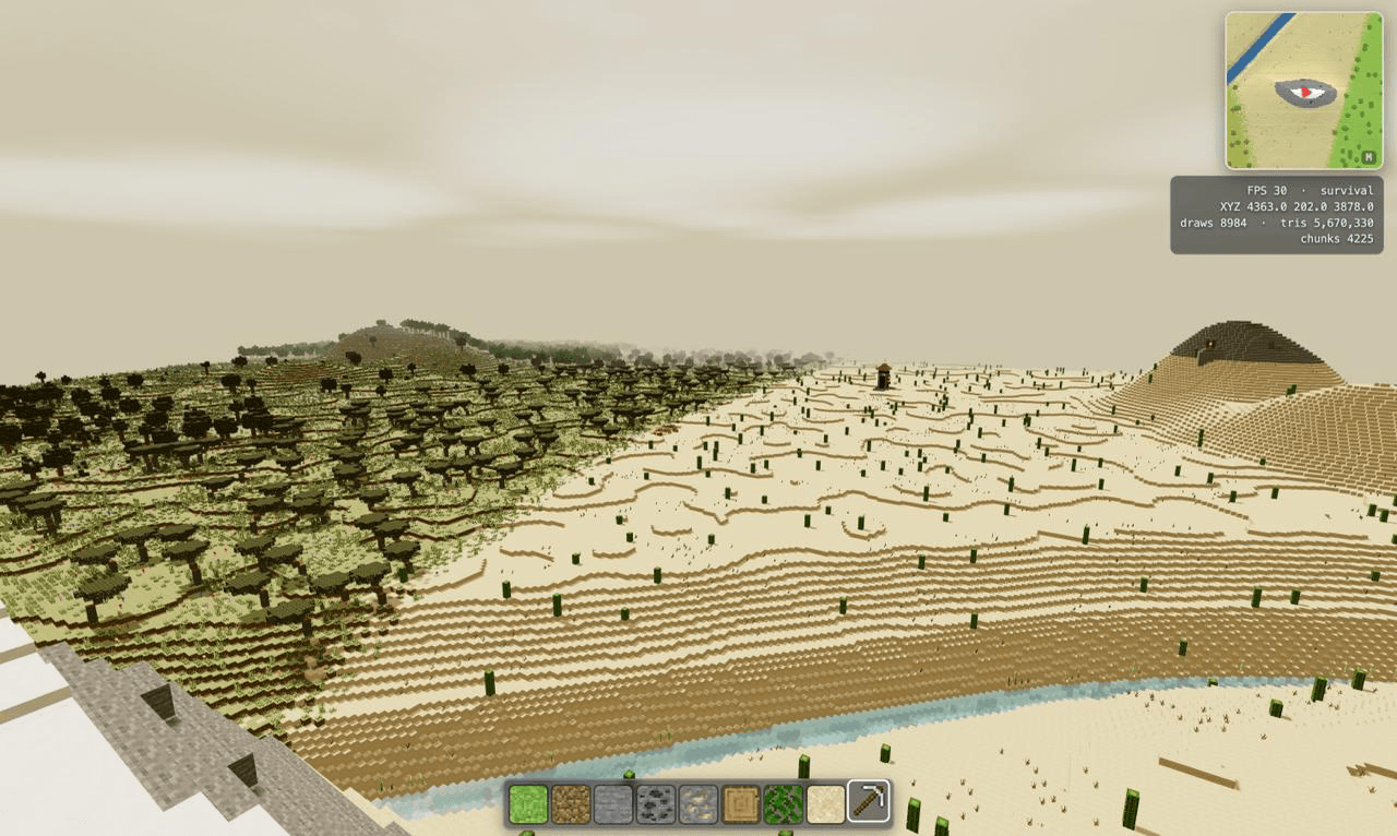 Savanna → desert · 5.6M tris, 4,225 chunks